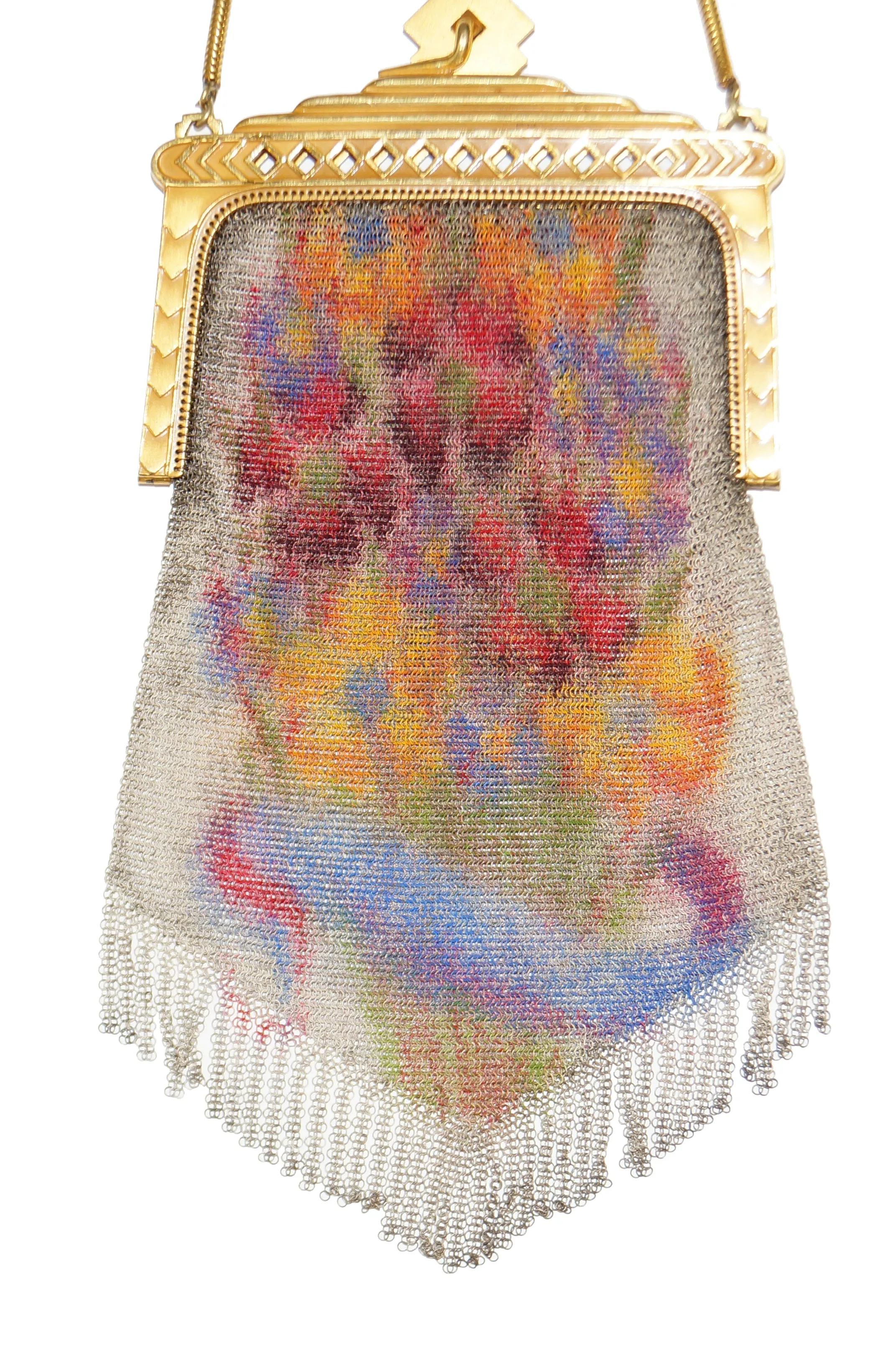 1920s Whiting & Davis Floral Enamel Dresden Mesh Evening Bag with Deco Clasp