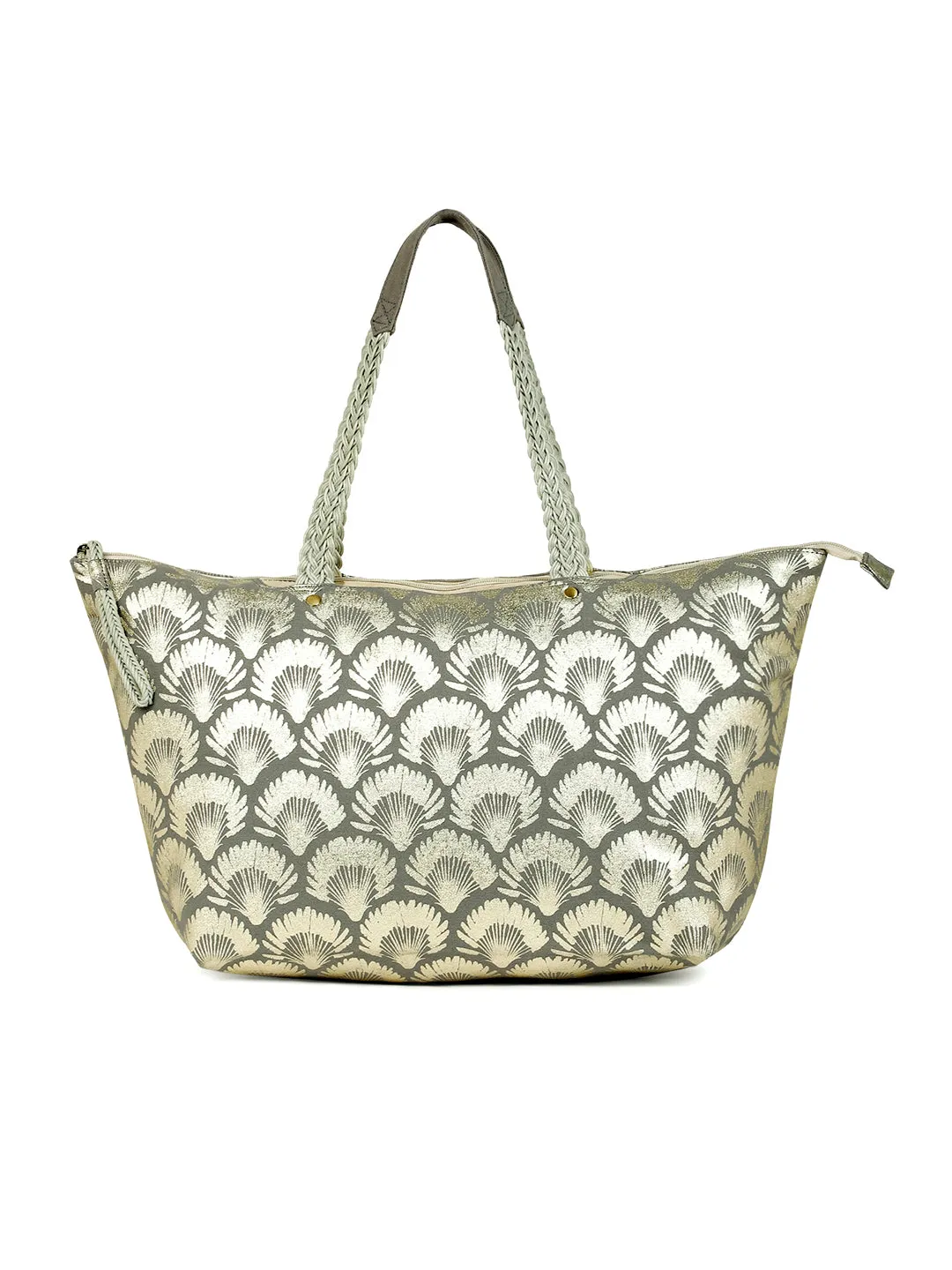 Berrylush Women Grey & Silver Floral Printed Canvas Zipper-Up Oversized Tote Bag