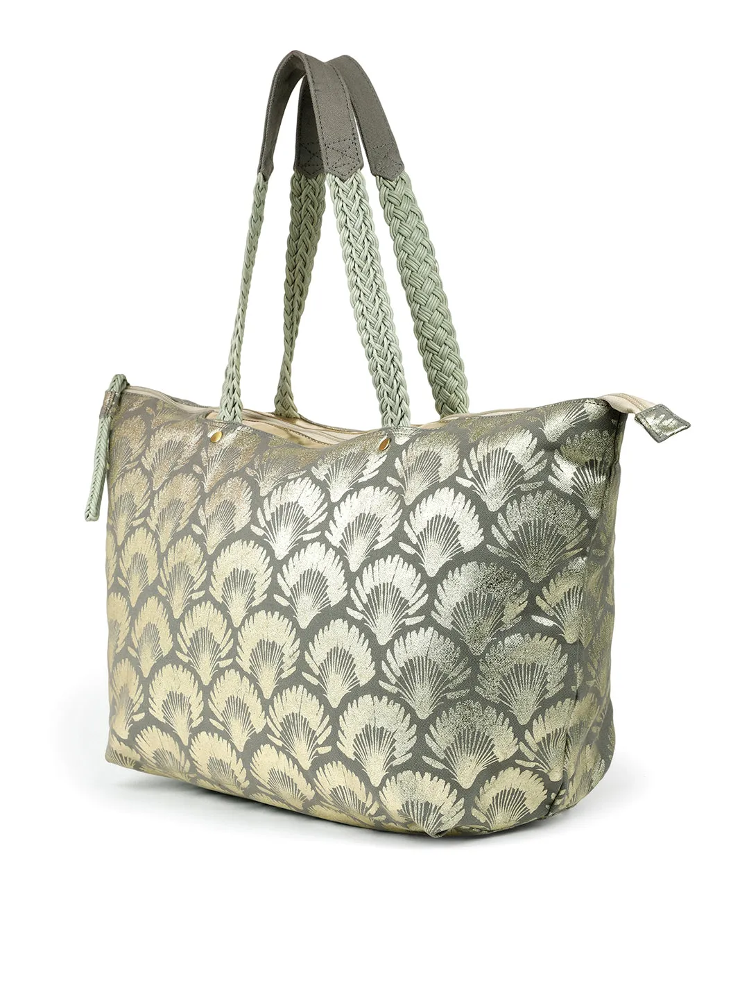 Berrylush Women Grey & Silver Floral Printed Canvas Zipper-Up Oversized Tote Bag