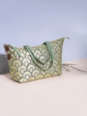 Berrylush Women Grey & Silver Floral Printed Canvas Zipper-Up Oversized Tote Bag