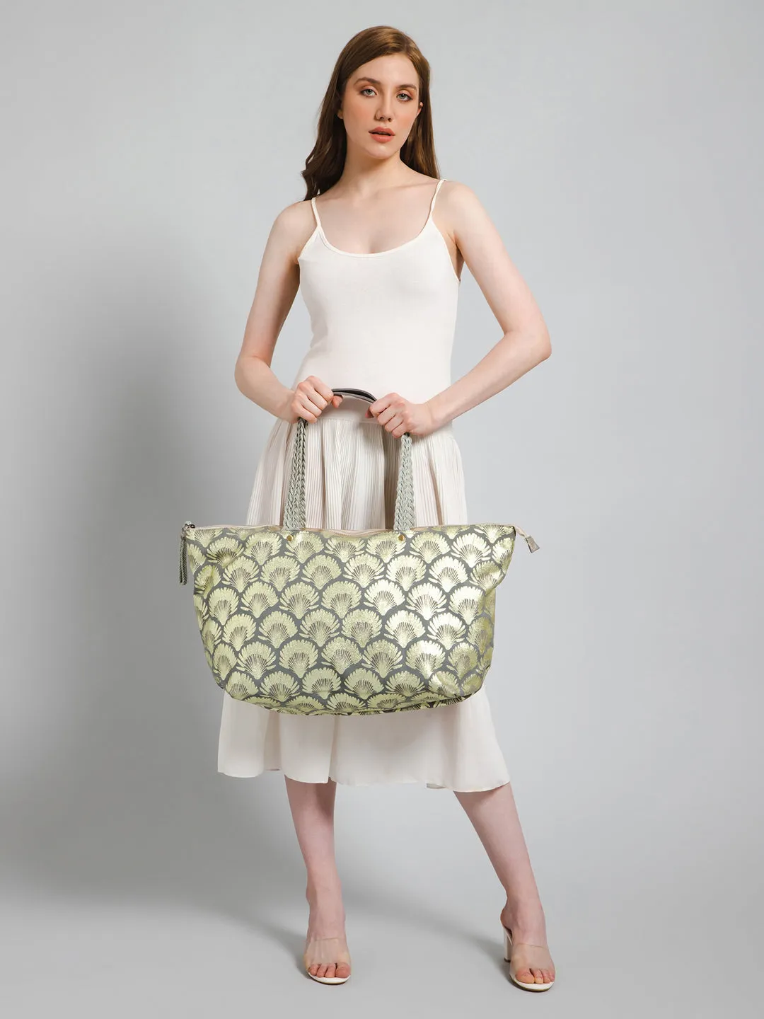 Berrylush Women Grey & Silver Floral Printed Canvas Zipper-Up Oversized Tote Bag