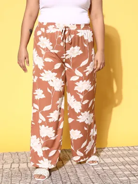 Berrylush Women Plus Size Brown & White Floral Printed Drawstring High-Rise Waist Woven Regular Trousers