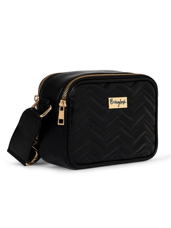 Berrylush Women Solid Black Non-Detachable Strap PU Quilted Crossbody Sling Bag