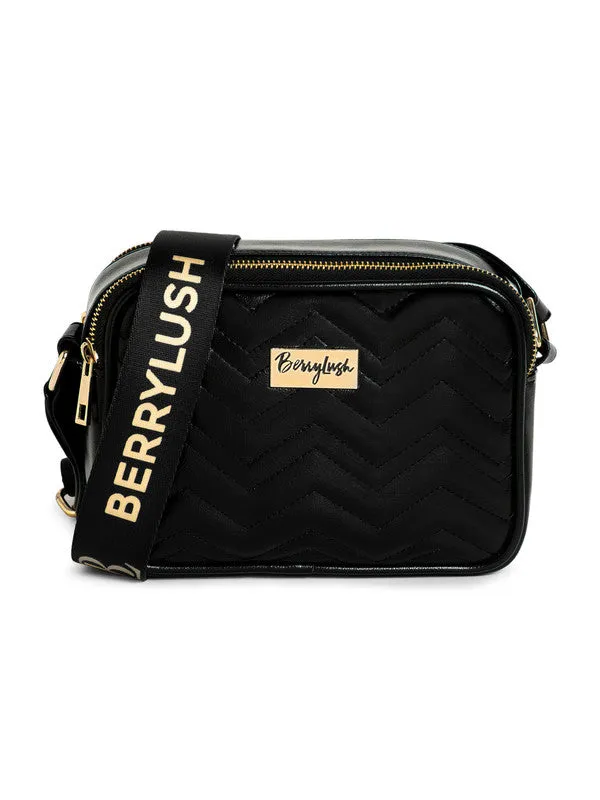 Berrylush Women Solid Black Non-Detachable Strap PU Quilted Crossbody Sling Bag