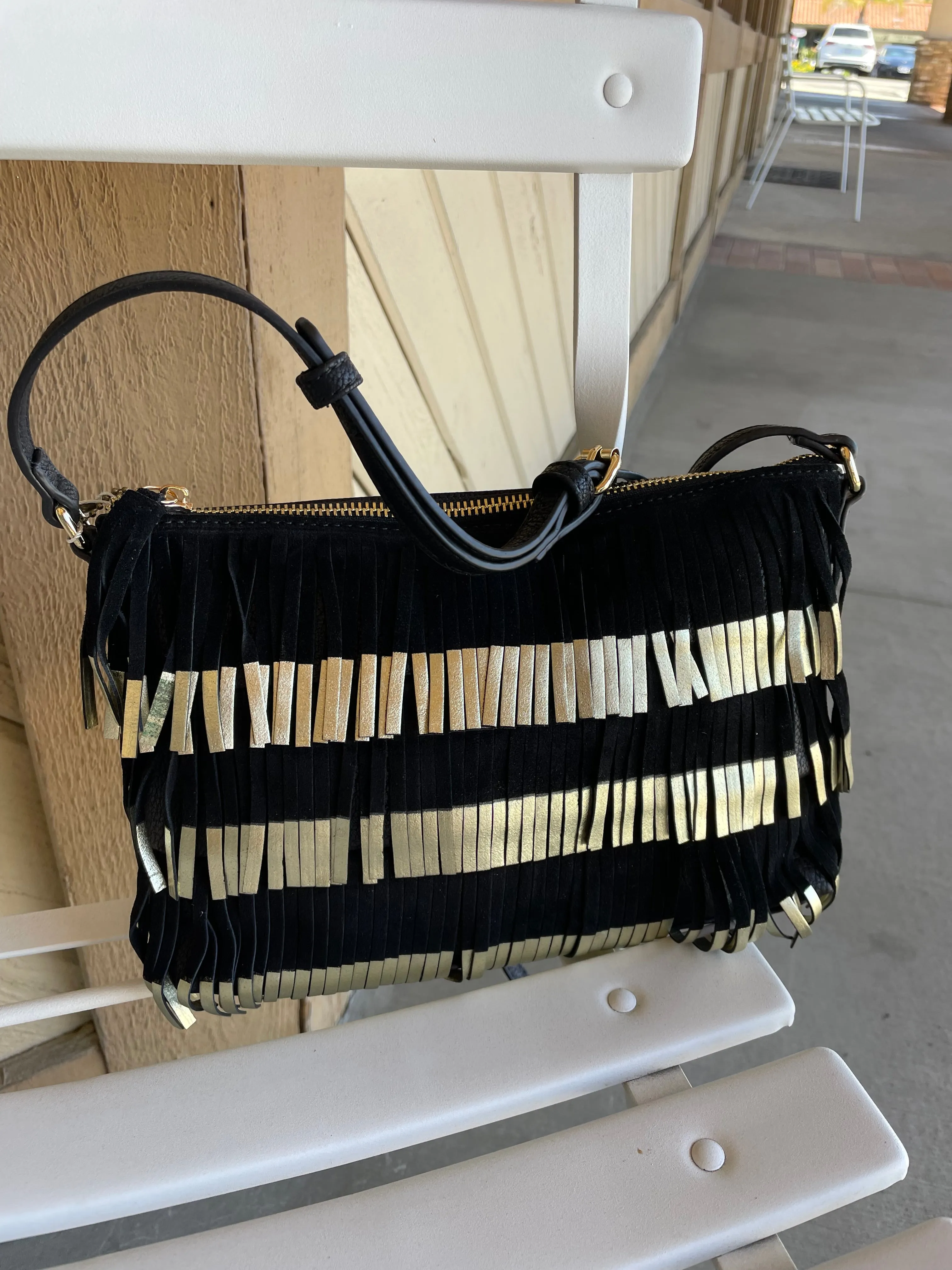 Black & Gold Fringe Crossbody Purse w/Zipper Pockets