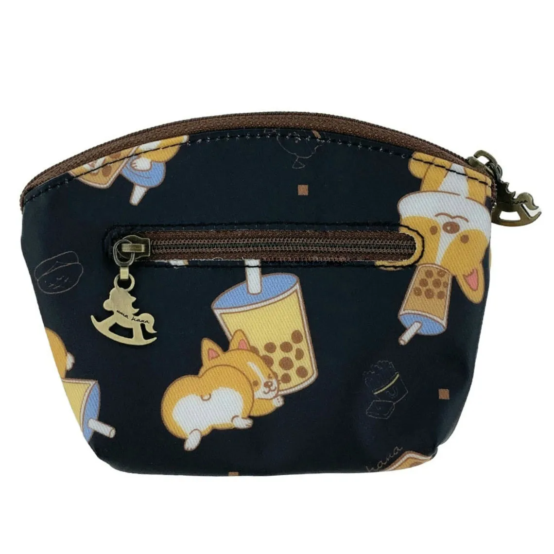 Black Bubble Tea Corgi Shell Keychain Coin Purse