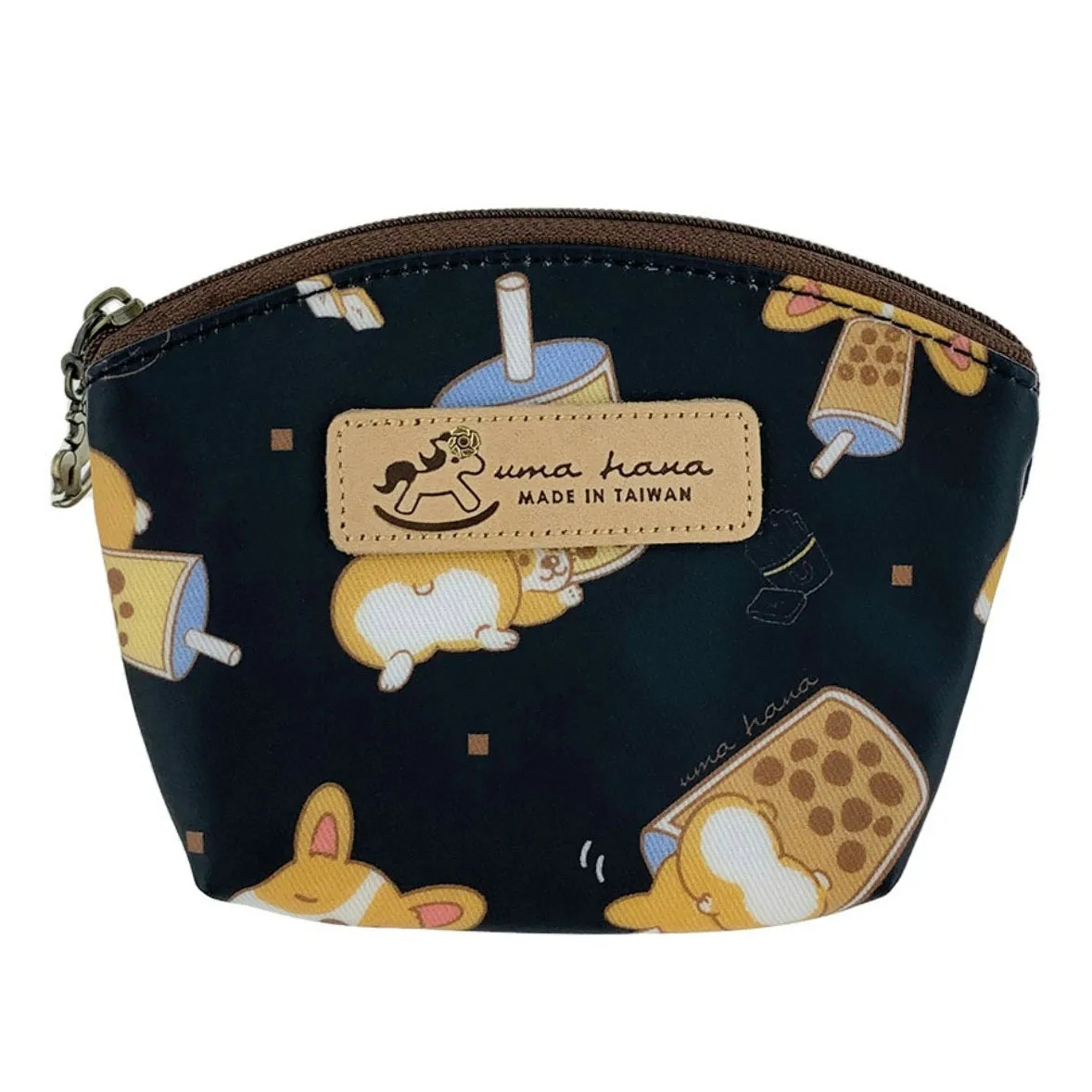 Black Bubble Tea Corgi Shell Keychain Coin Purse