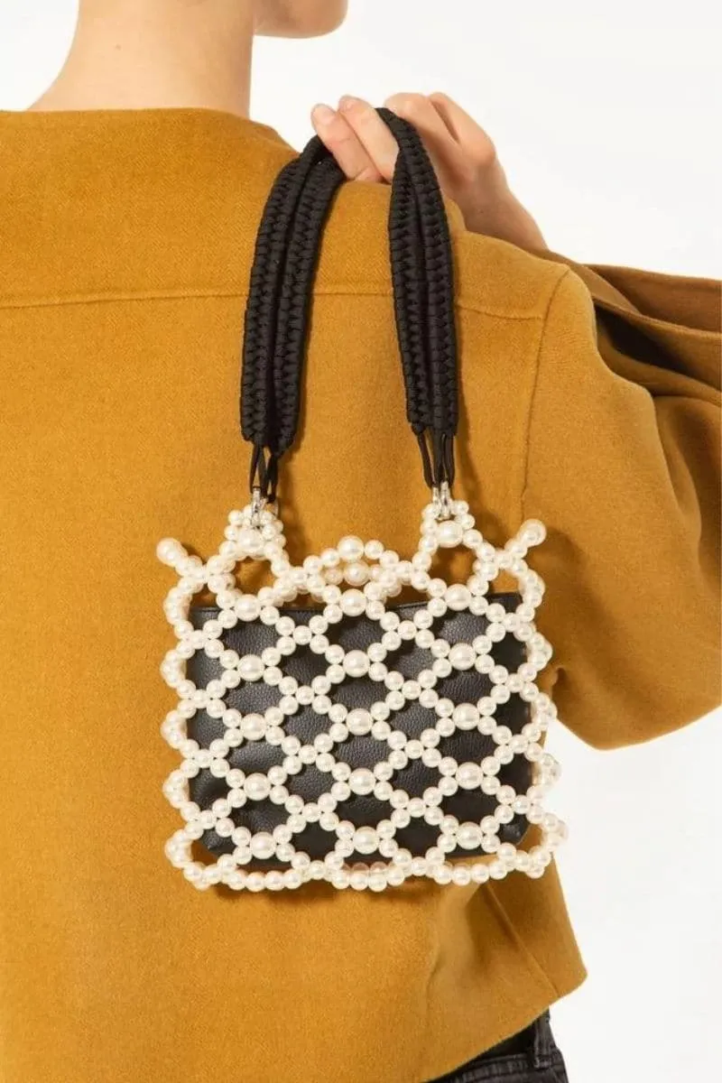 BLACK MATHILDA PEARL BEADED TOTE BAG