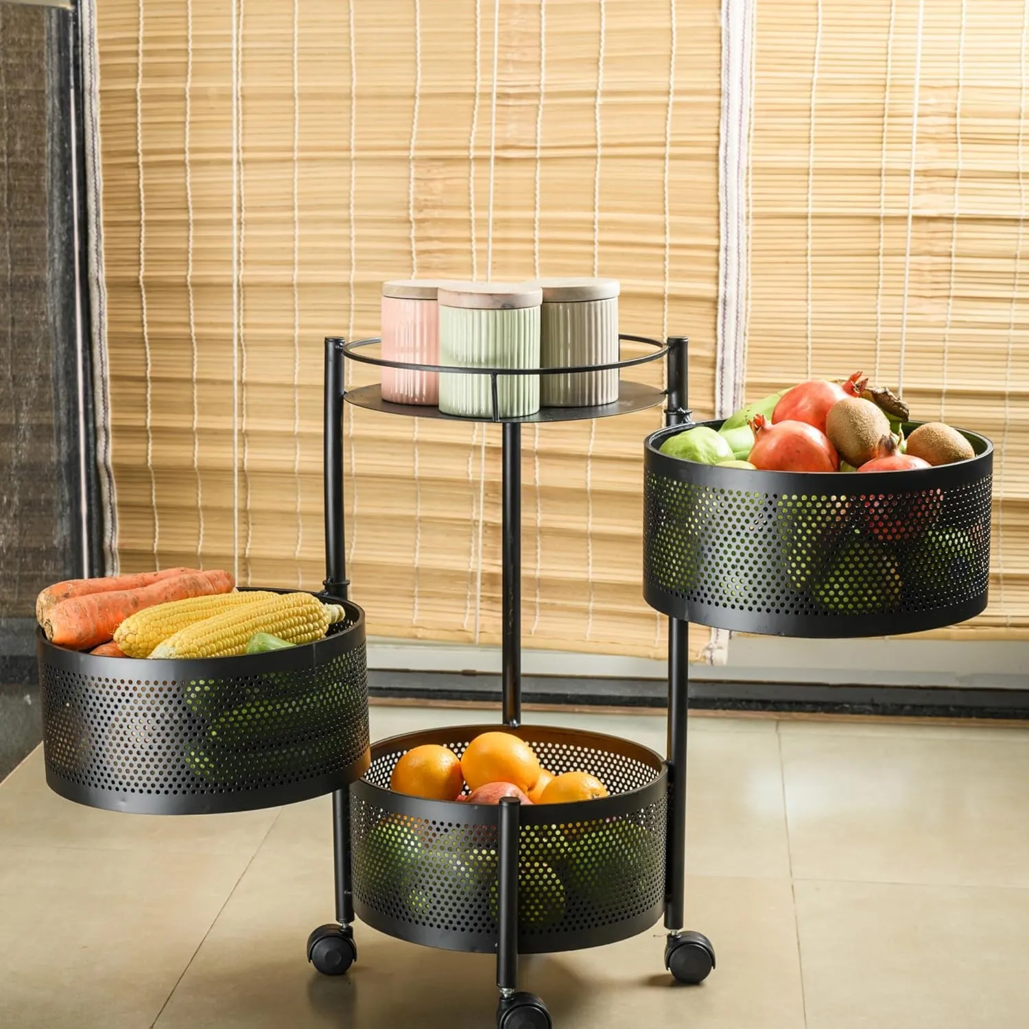CHESTON Rotating Kitchen Storage 3 Layer Trolley | Portable Carbon Steel Kitchen Trolley with Wheels | Sturdy & Stable Kitchen Storage Rack for Fruits Vegetables Utensils (Black)