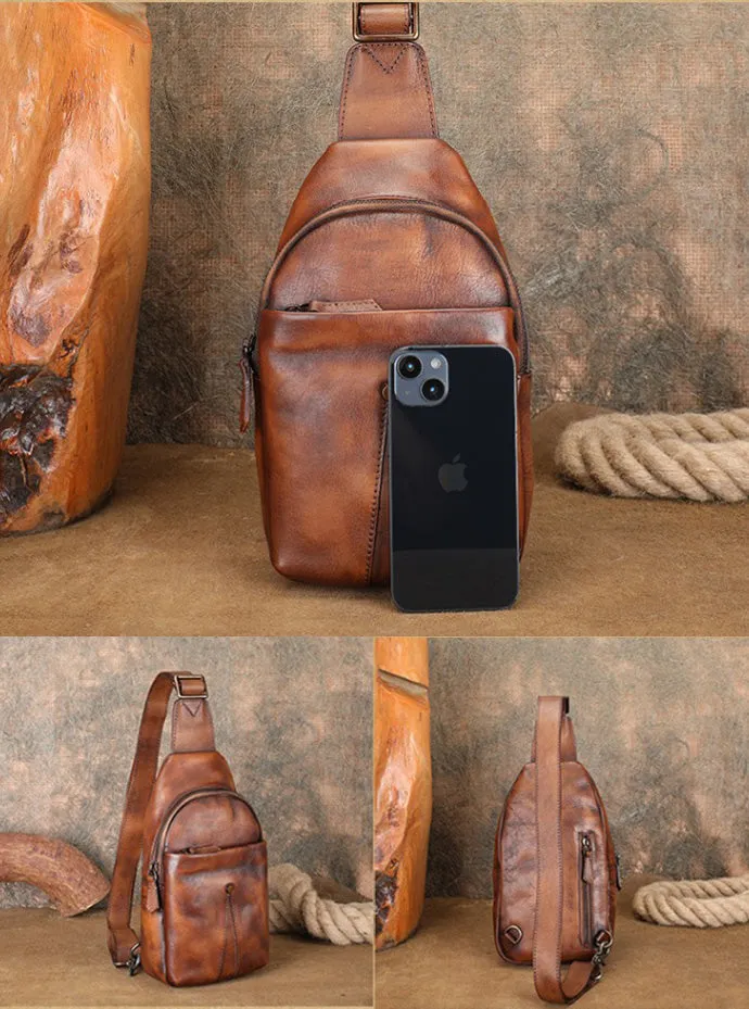 Classic Womens Brown Leather Sling Bag Chest Bag For Women
