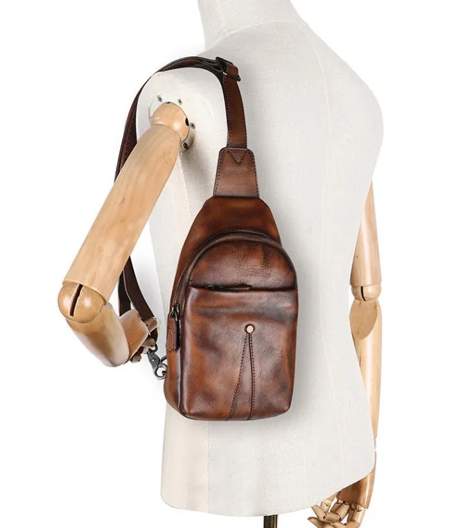 Classic Womens Brown Leather Sling Bag Chest Bag For Women