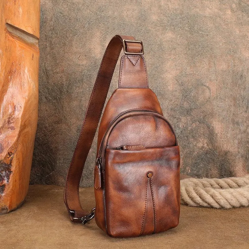 Classic Womens Brown Leather Sling Bag Chest Bag For Women