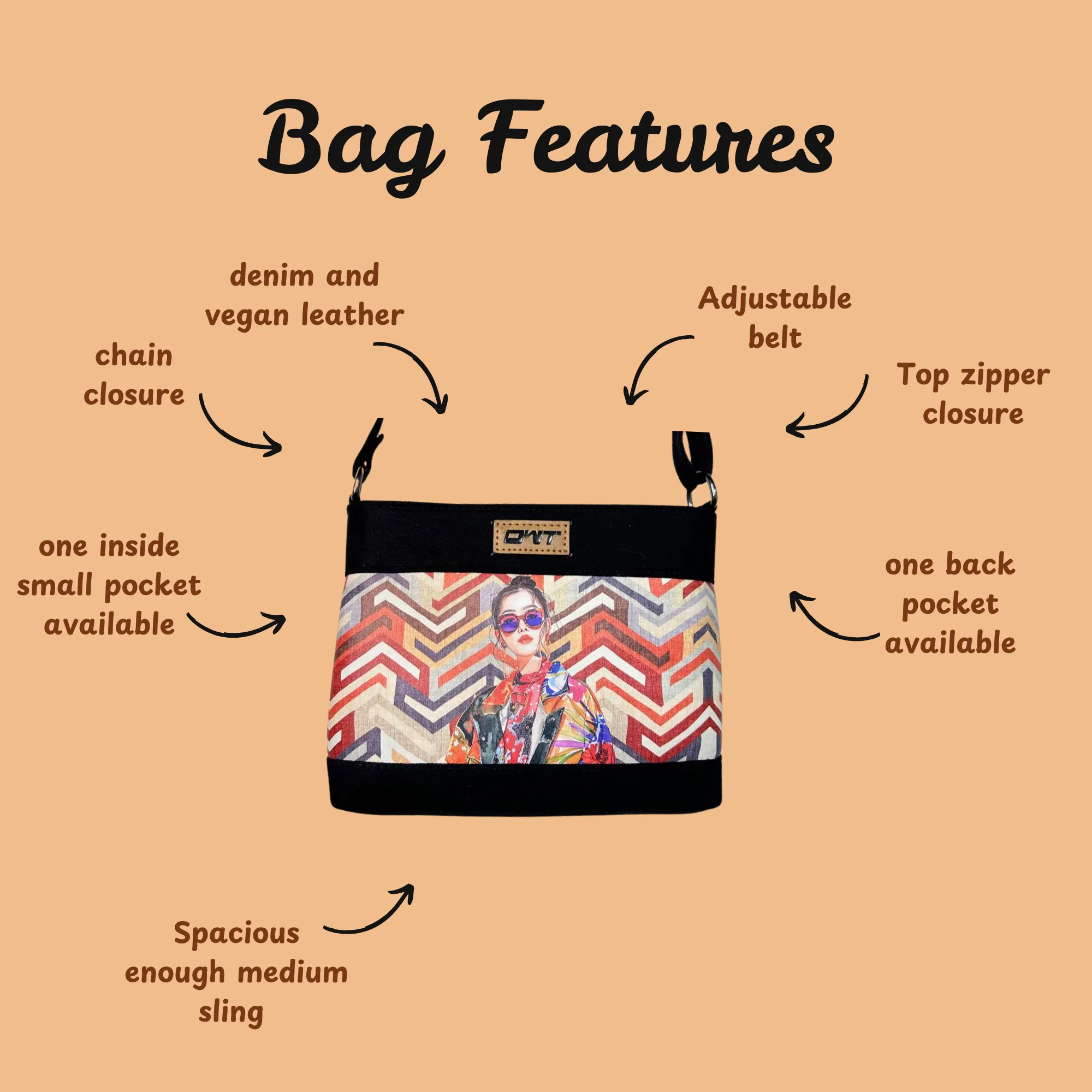 DURABLE BLACK DENIM SLING BAG -A2
