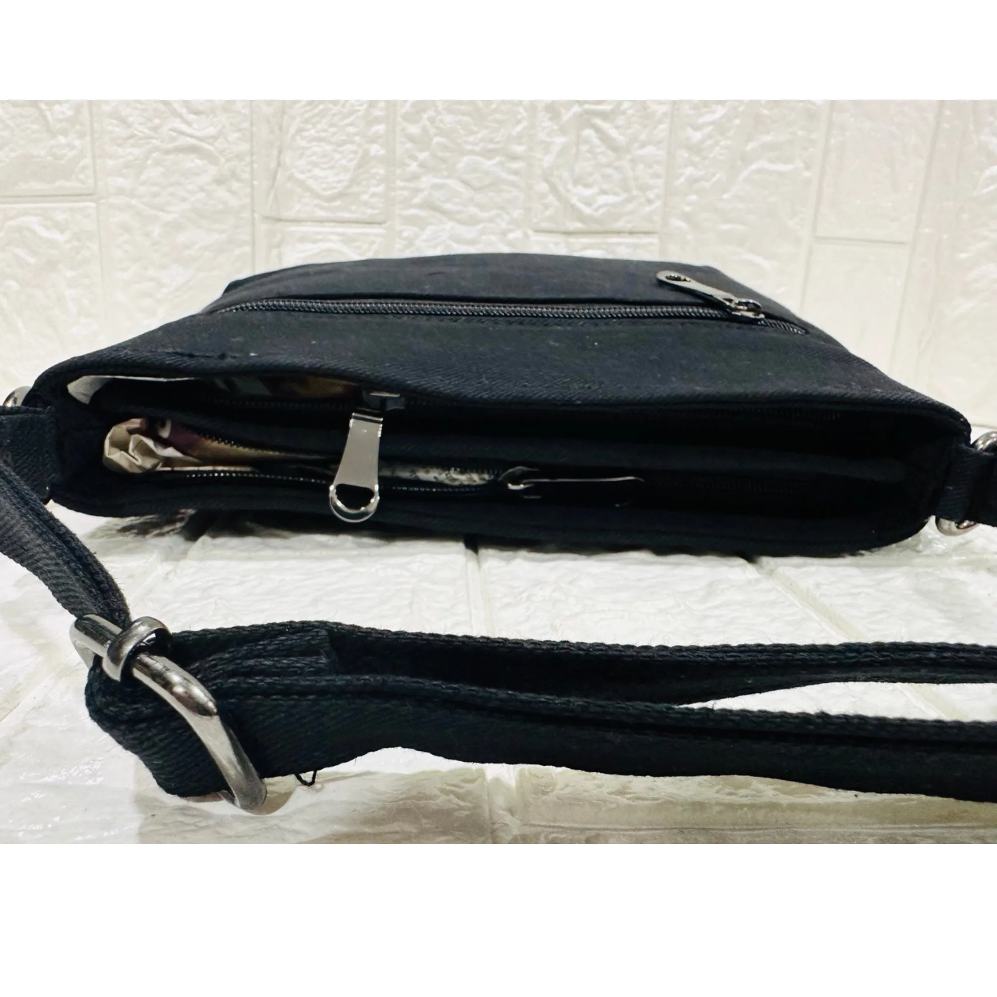 DURABLE BLACK DENIM SLING BAG -A2