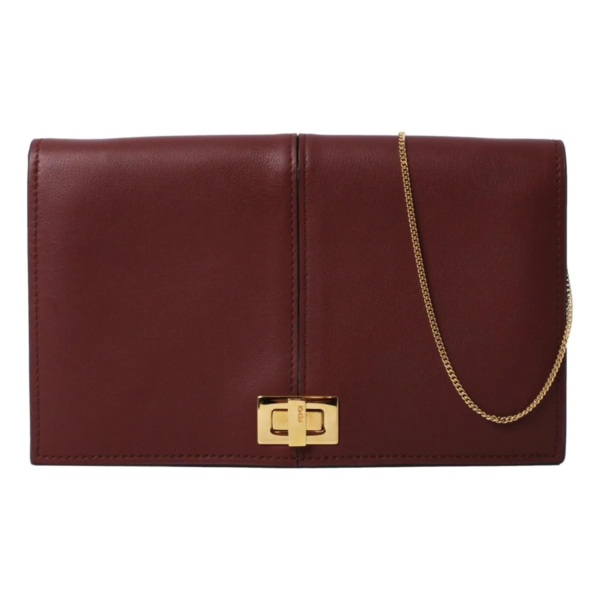 Fendi Peekaboo Brown Leather Zucca Chain Wallet Clutch Bag 8M0414