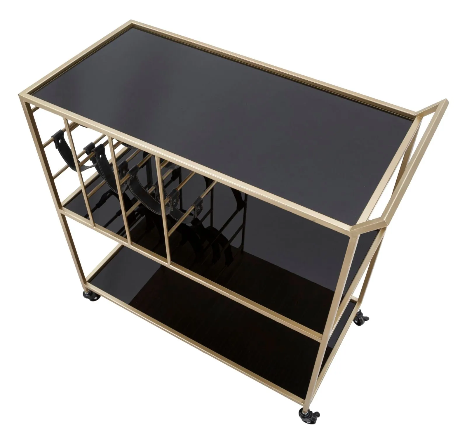 Golden Black Metal & Glass Food Trolley with Bottle Holder & Wheels