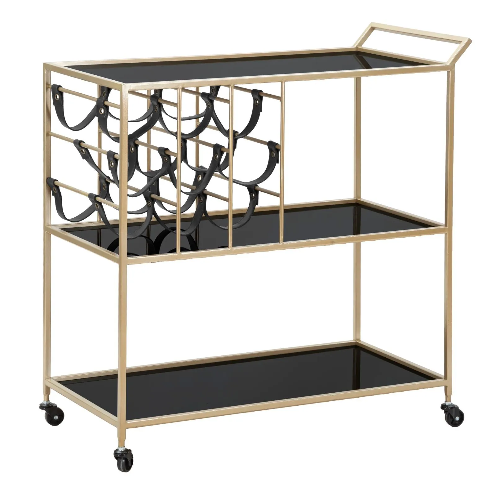 Golden Black Metal & Glass Food Trolley with Bottle Holder & Wheels