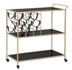 Golden Black Metal & Glass Food Trolley with Bottle Holder & Wheels