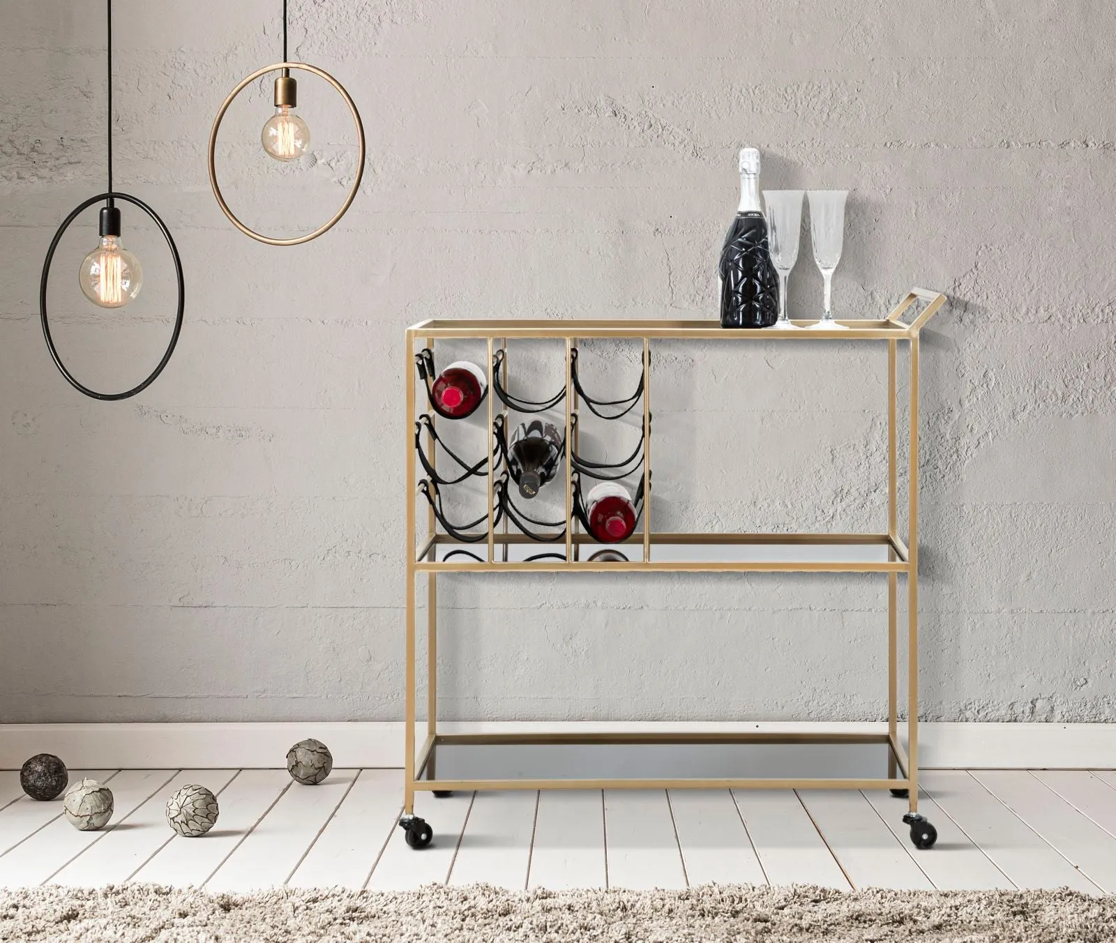 Golden Black Metal & Glass Food Trolley with Bottle Holder & Wheels