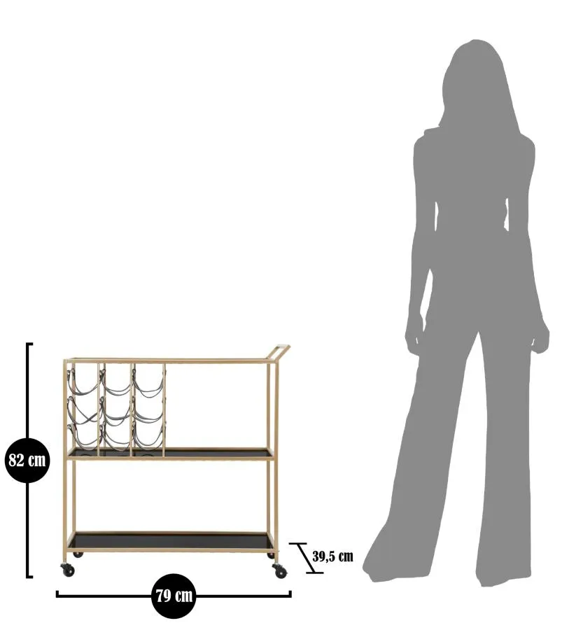 Golden Black Metal & Glass Food Trolley with Bottle Holder & Wheels