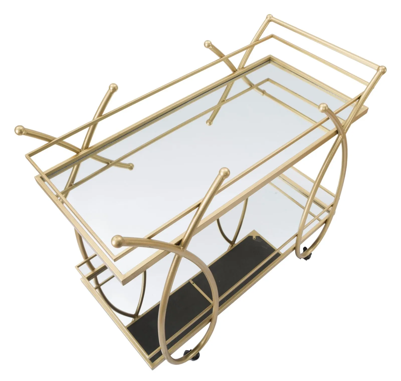Golden Metal & Glass Rectangular Trolley with 2 Shelves and Wheels