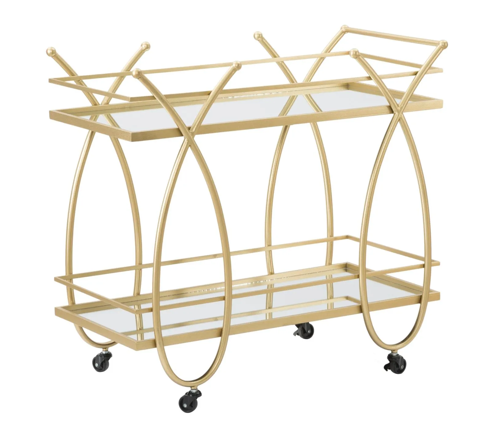 Golden Metal & Glass Rectangular Trolley with 2 Shelves and Wheels