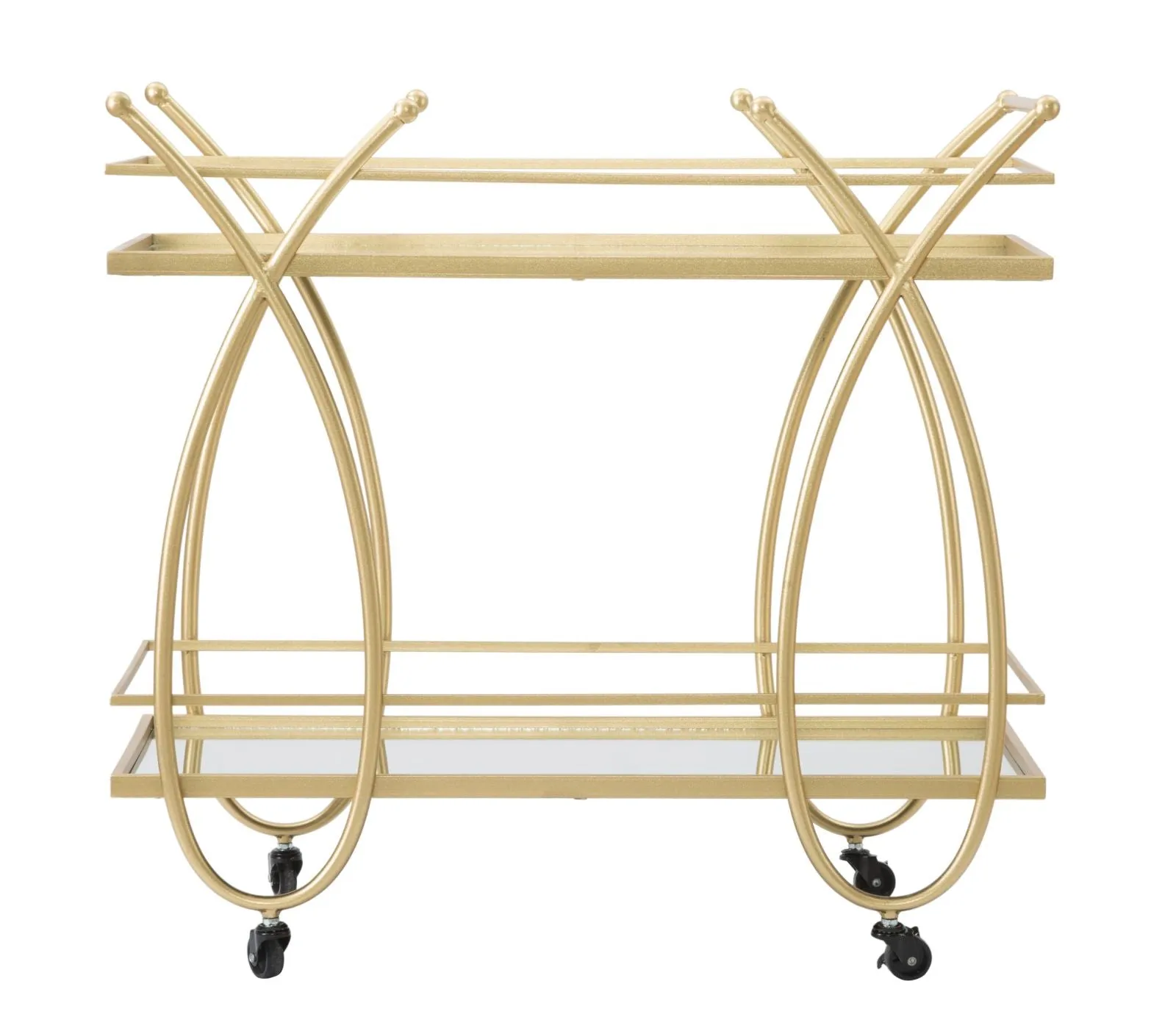 Golden Metal & Glass Rectangular Trolley with 2 Shelves and Wheels