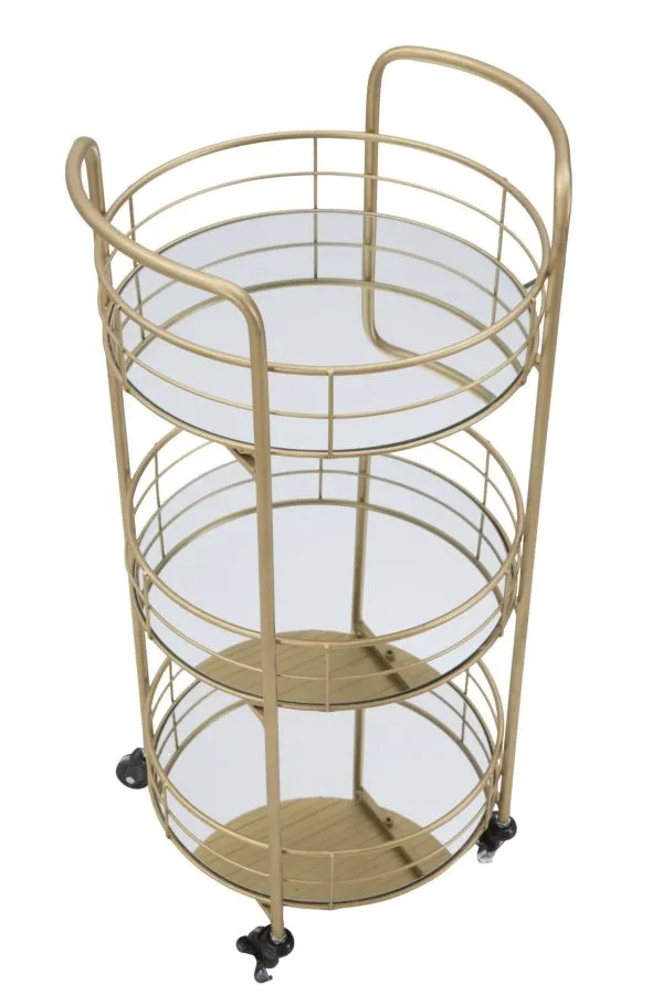 Golden Metal & Glass Round Trolley with 3 Shelves