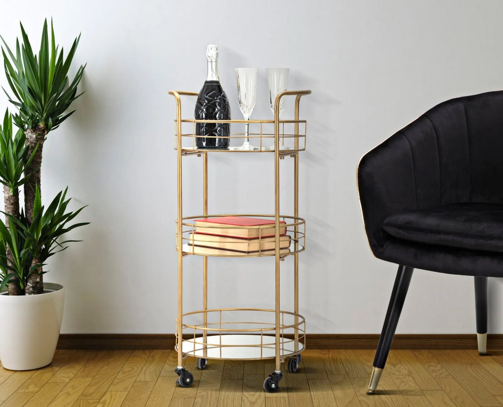 Golden Metal & Glass Round Trolley with 3 Shelves