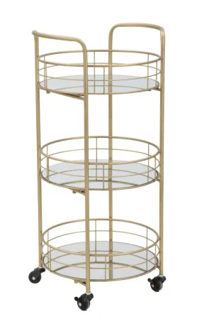 Golden Metal & Glass Round Trolley with 3 Shelves