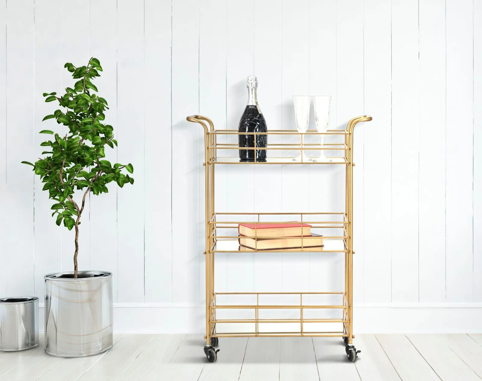 Golden Metal & Glass Square Trolley with 3 Shelves