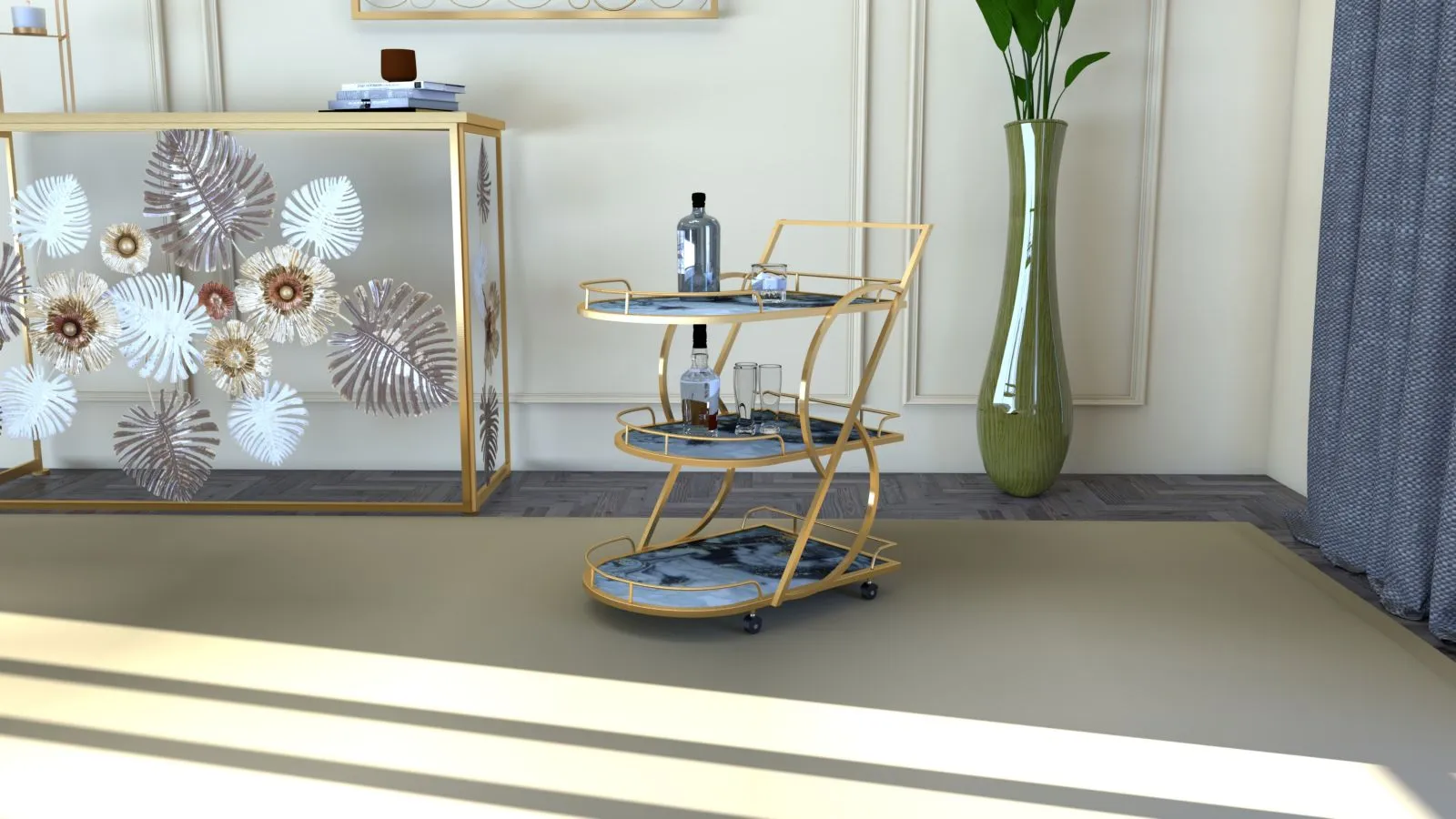 Golden Metal & Marble Food Trolley with 3 Shelves