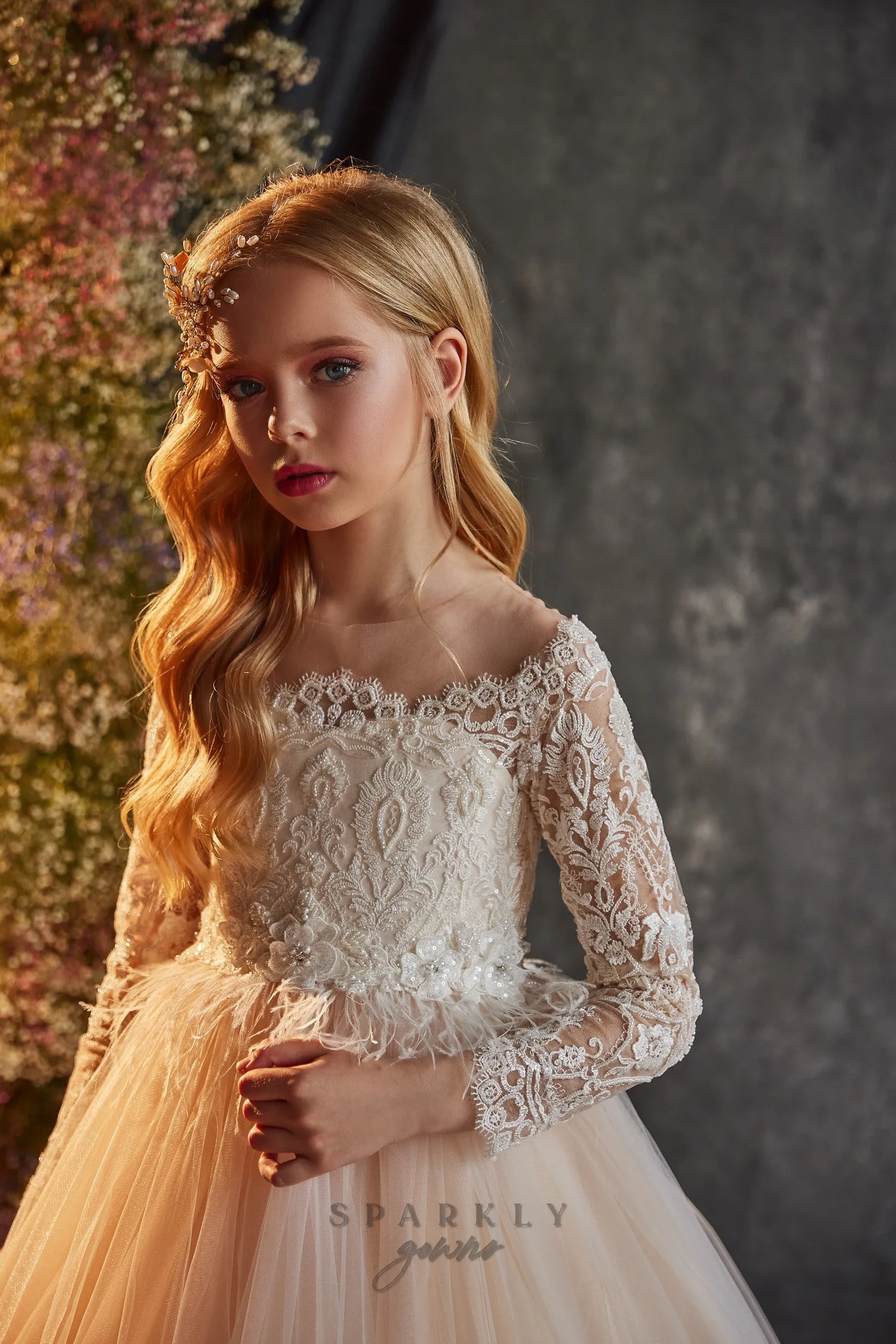 Illusion Off-the-shoulders Long Sleeves   Flower Girl Communion Dress Pageant Celestial 3212