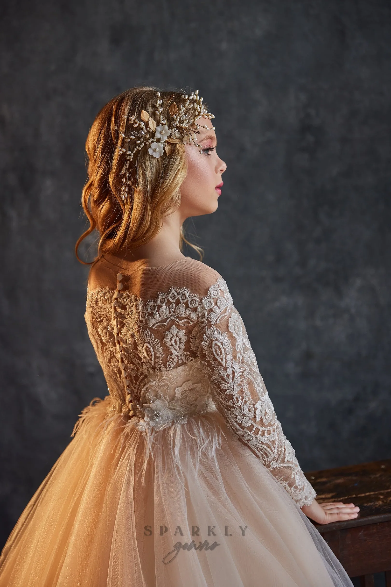 Illusion Off-the-shoulders Long Sleeves   Flower Girl Communion Dress Pageant Celestial 3212