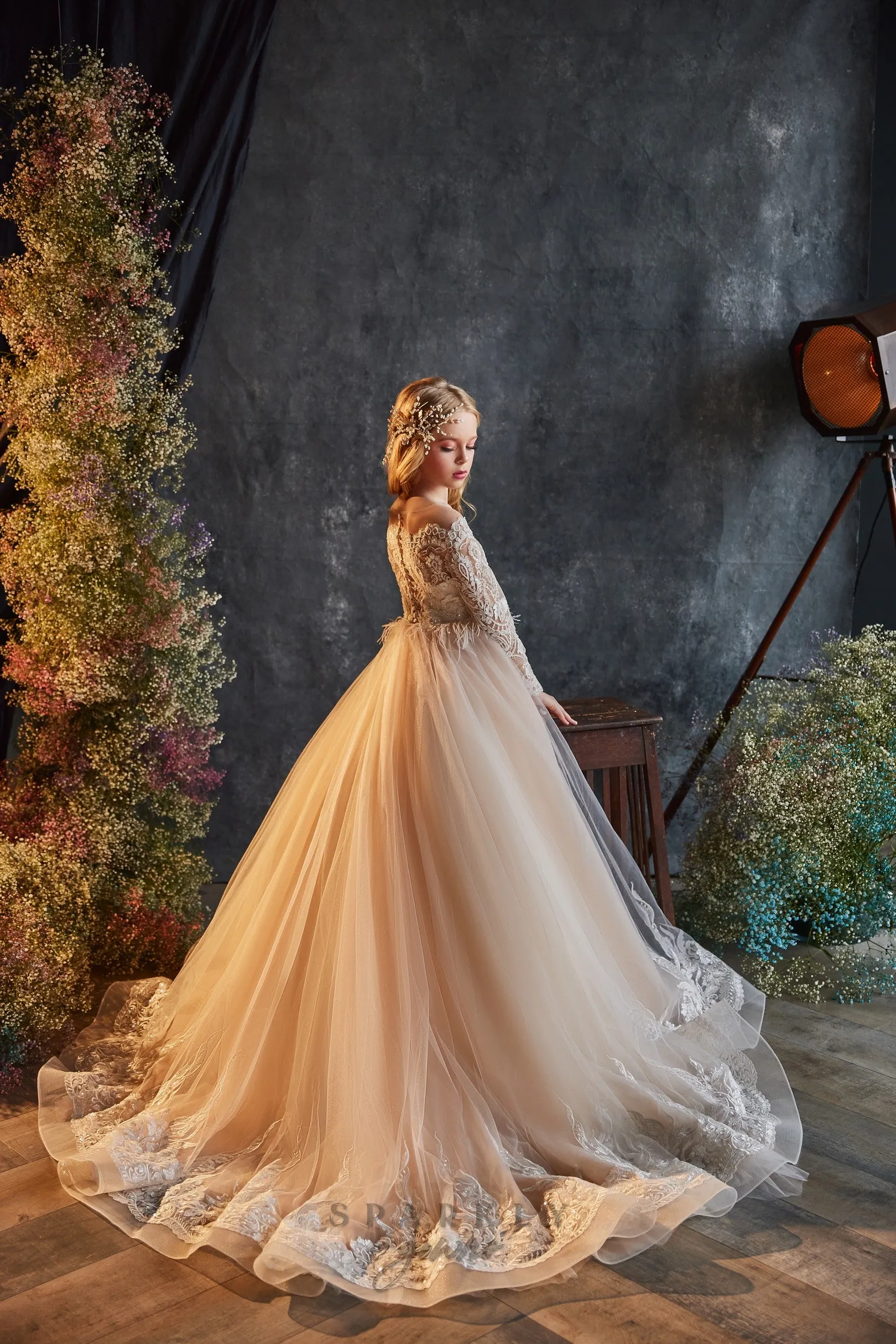 Illusion Off-the-shoulders Long Sleeves   Flower Girl Communion Dress Pageant Celestial 3212
