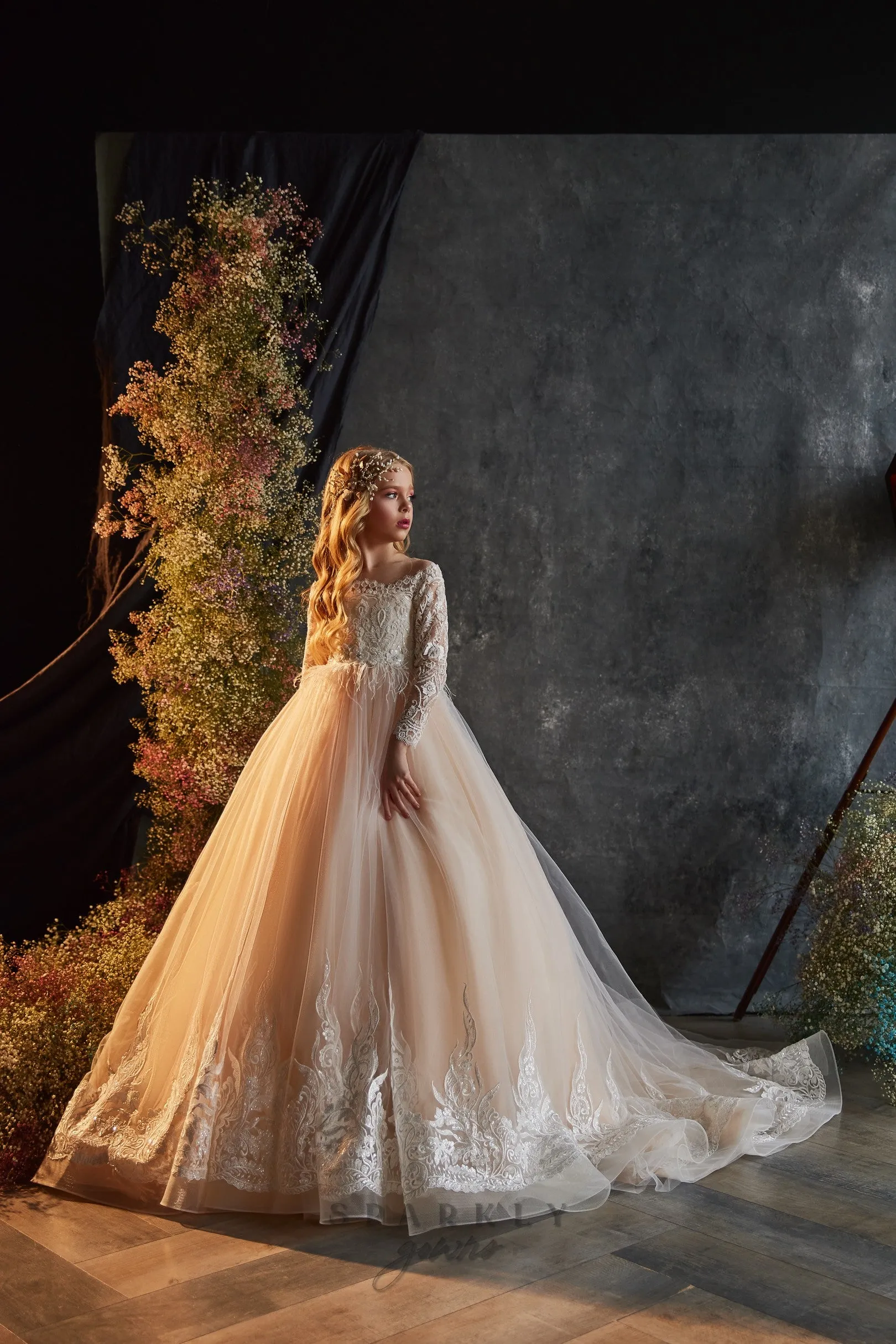 Illusion Off-the-shoulders Long Sleeves   Flower Girl Communion Dress Pageant Celestial 3212