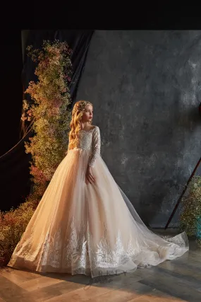 Illusion Off-the-shoulders Long Sleeves   Flower Girl Communion Dress Pageant Celestial 3212