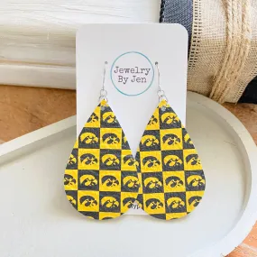 Iowa Hawkeyes Checkerboard Large Teardrop Leather Earrings
