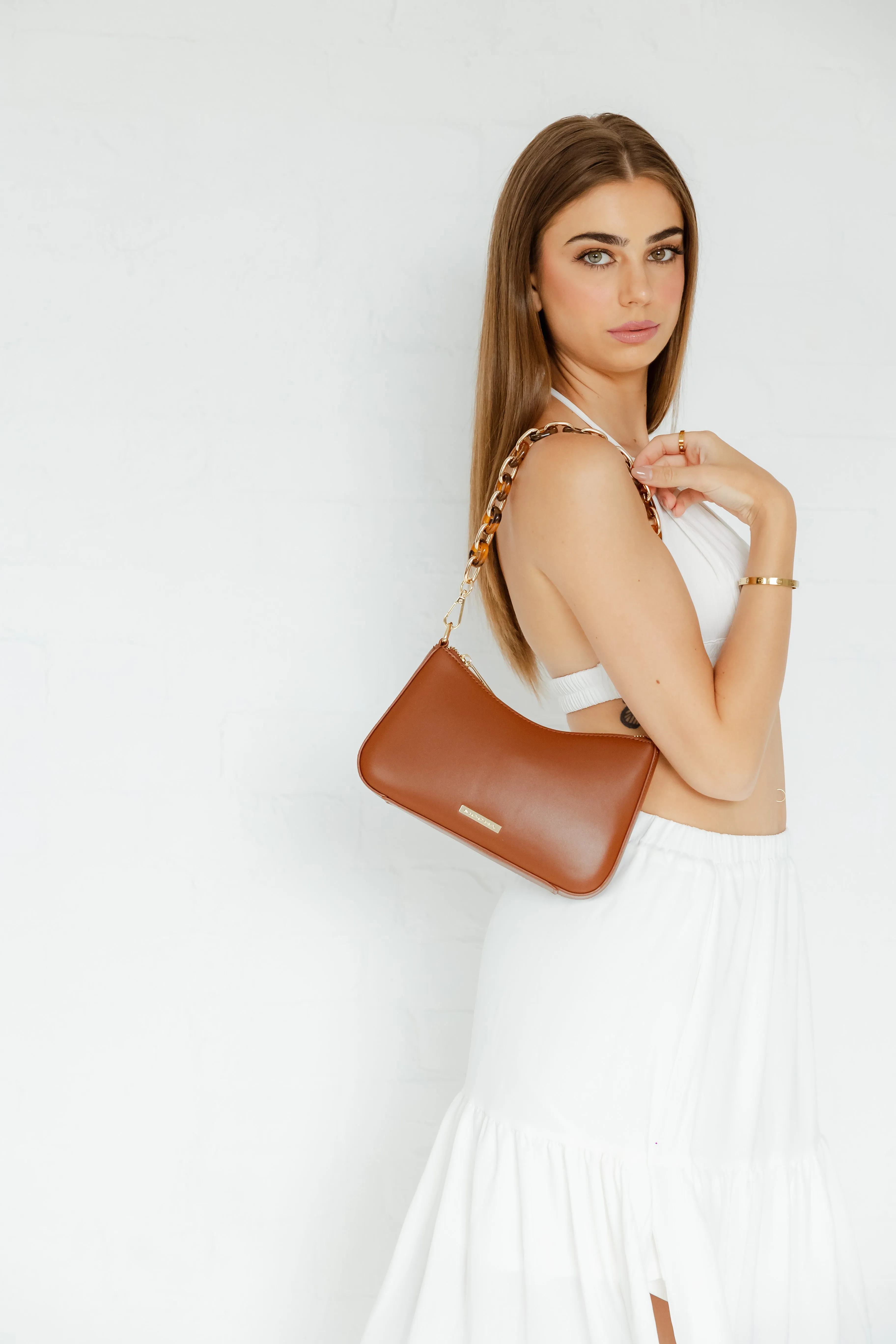 Mocha Olivia Tortoise Shell Chain Crossbody Bag- Cocoa