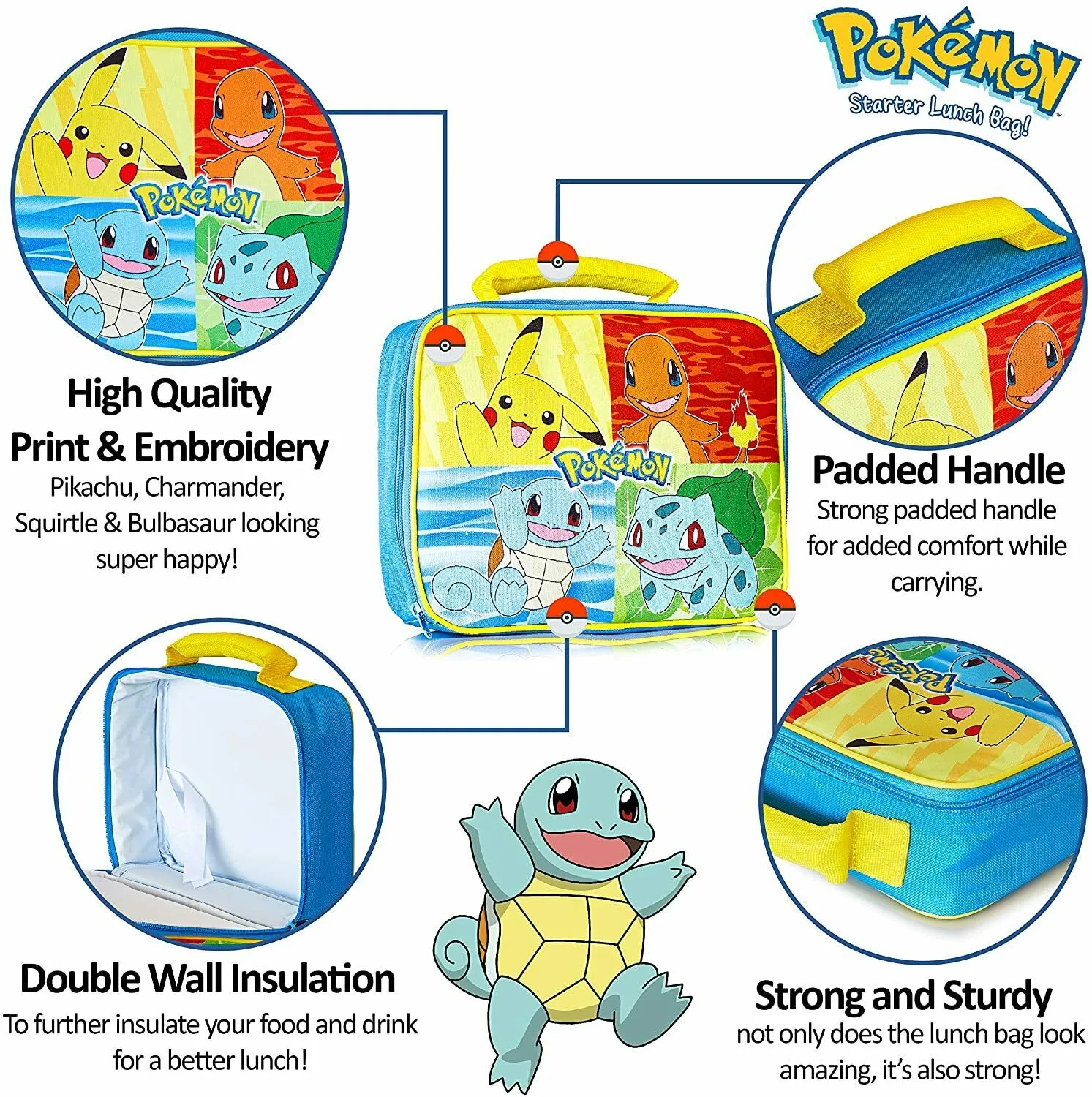 Pokemon Lunch Box Kids, Insulated Lunch Bag for School (Blue)