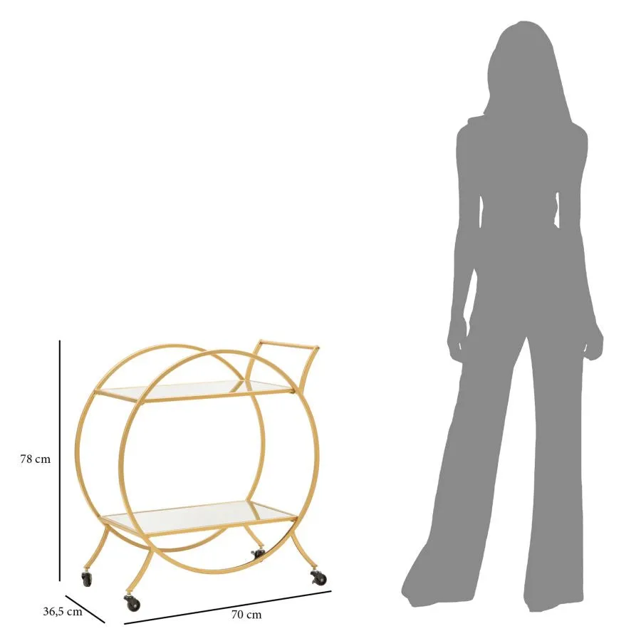 Round Golden Metal & Glass Trolley with 2 Shelves