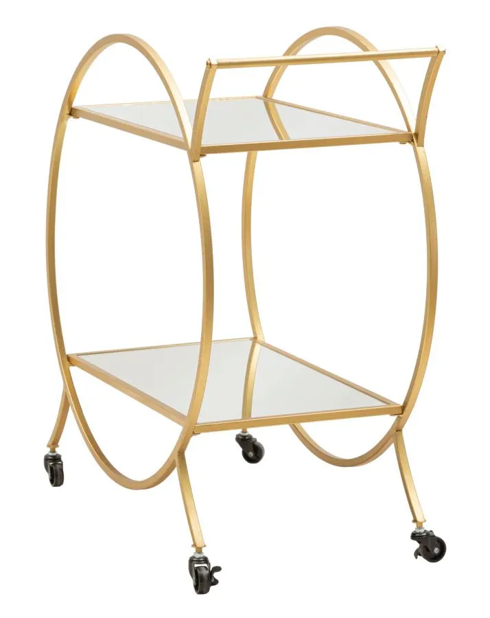 Round Golden Metal & Glass Trolley with 2 Shelves