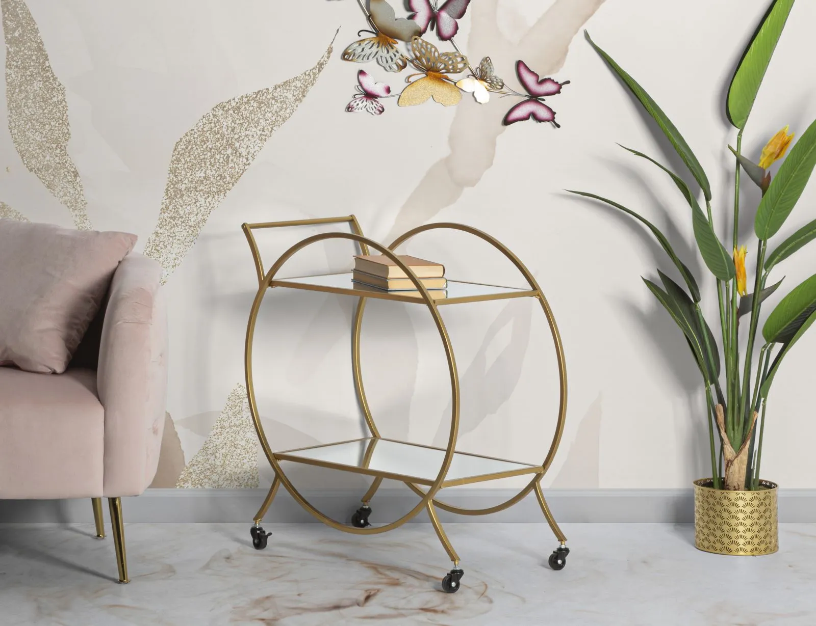 Round Golden Metal & Glass Trolley with 2 Shelves