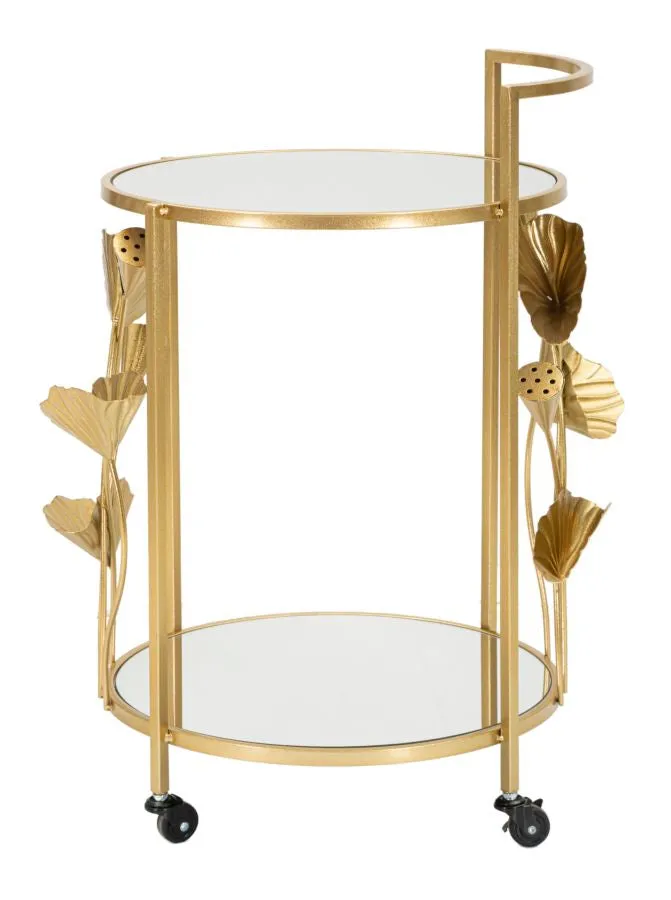 Small Round Golden Metal Trolley with Leaf Decor