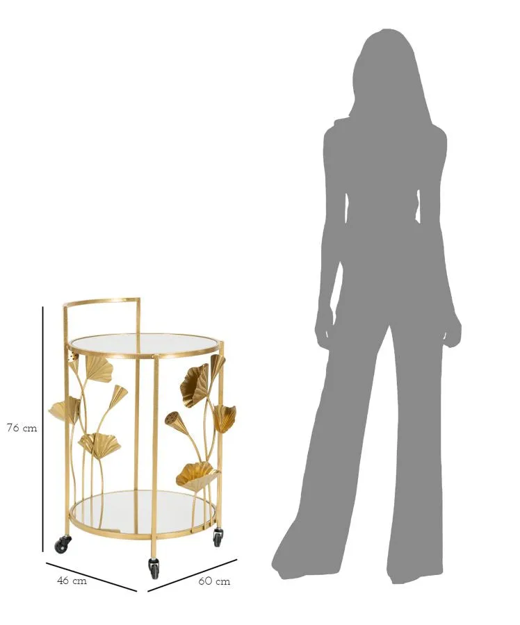 Small Round Golden Metal Trolley with Leaf Decor