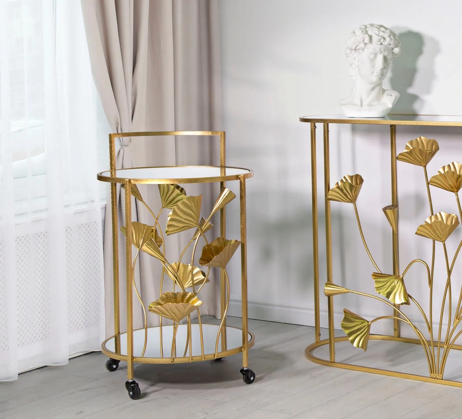 Small Round Golden Metal Trolley with Leaf Decor