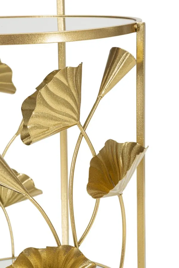 Small Round Golden Metal Trolley with Leaf Decor