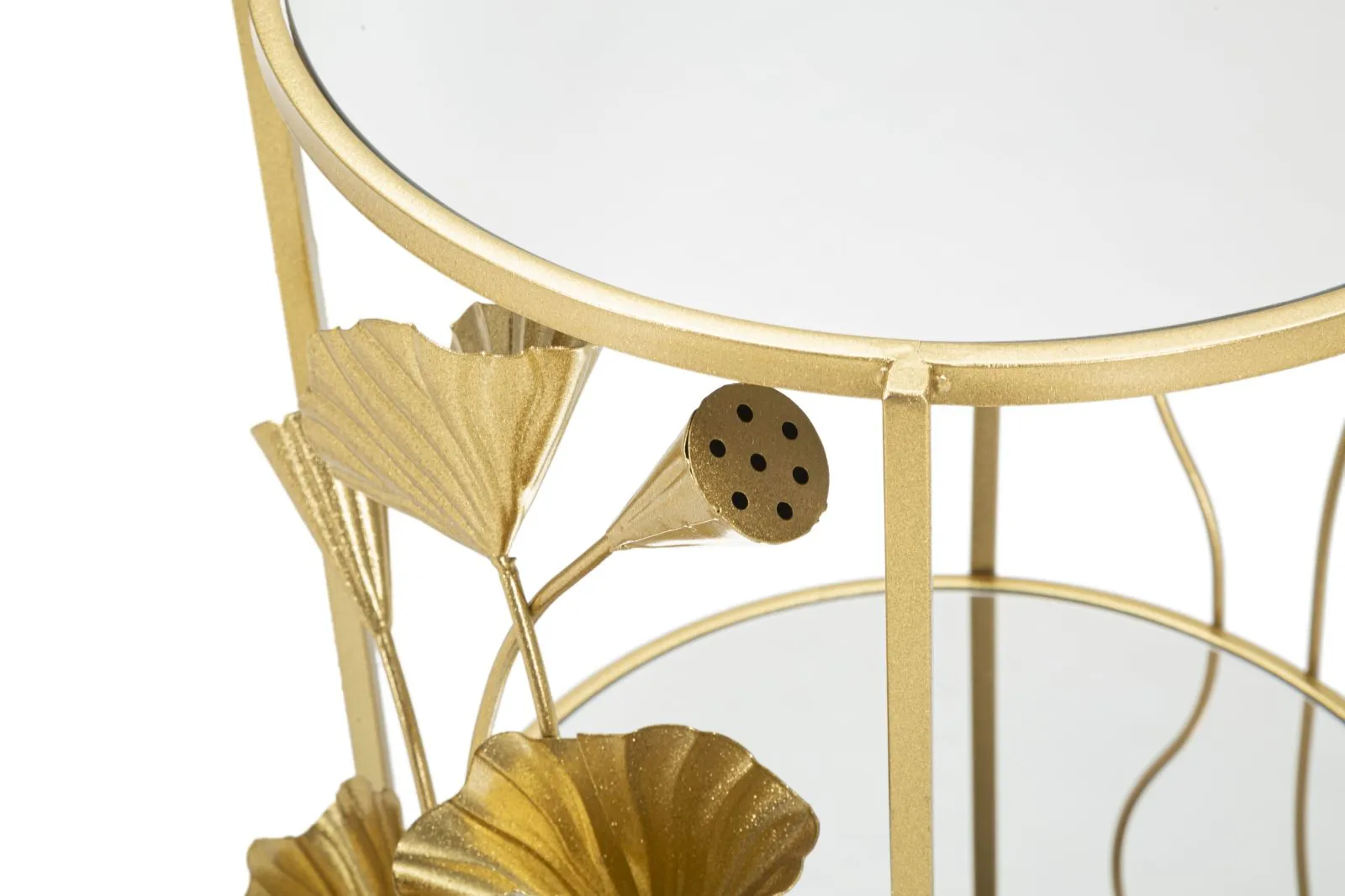 Small Round Golden Metal Trolley with Leaf Decor