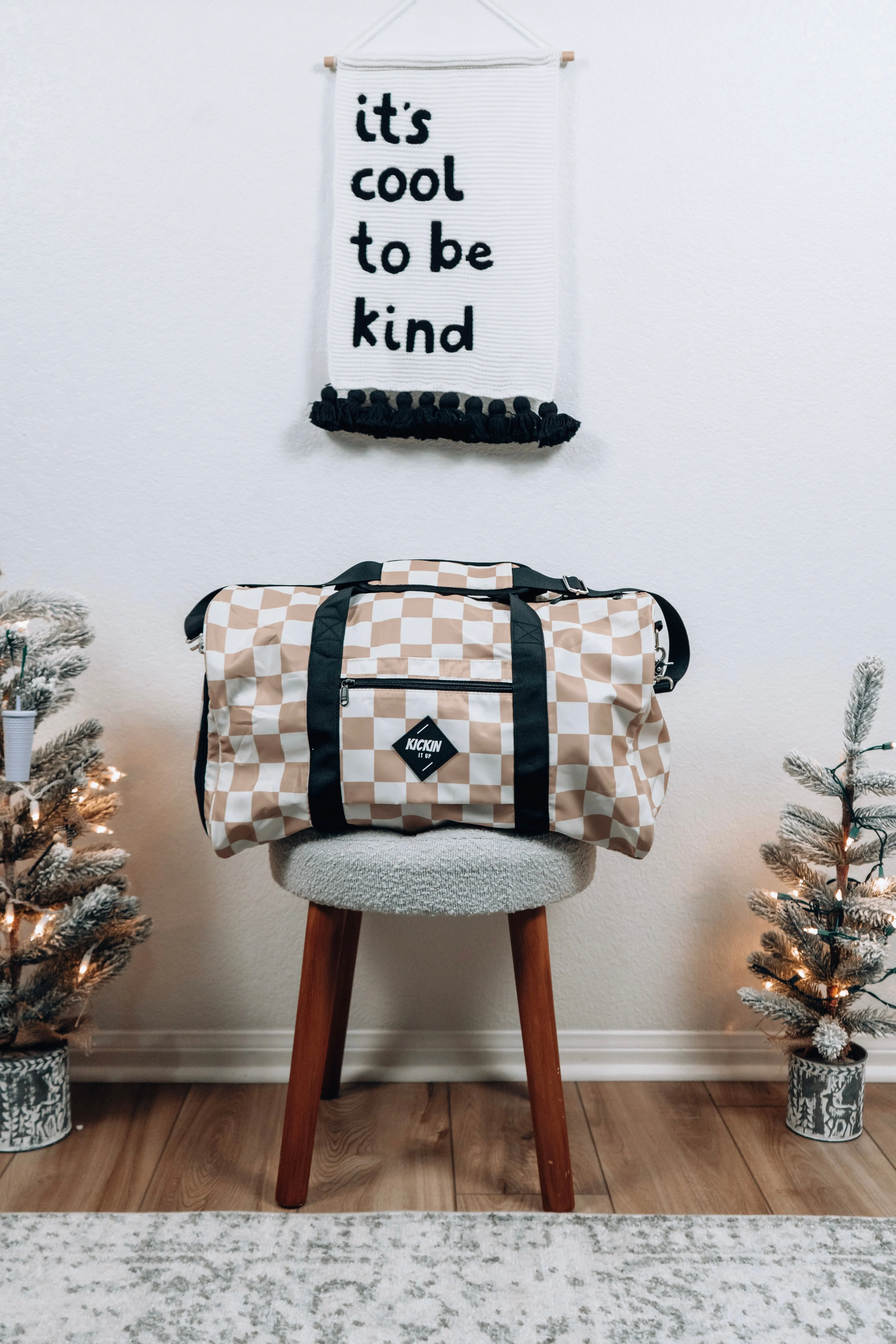 Tan Checkered Weekender Bag
