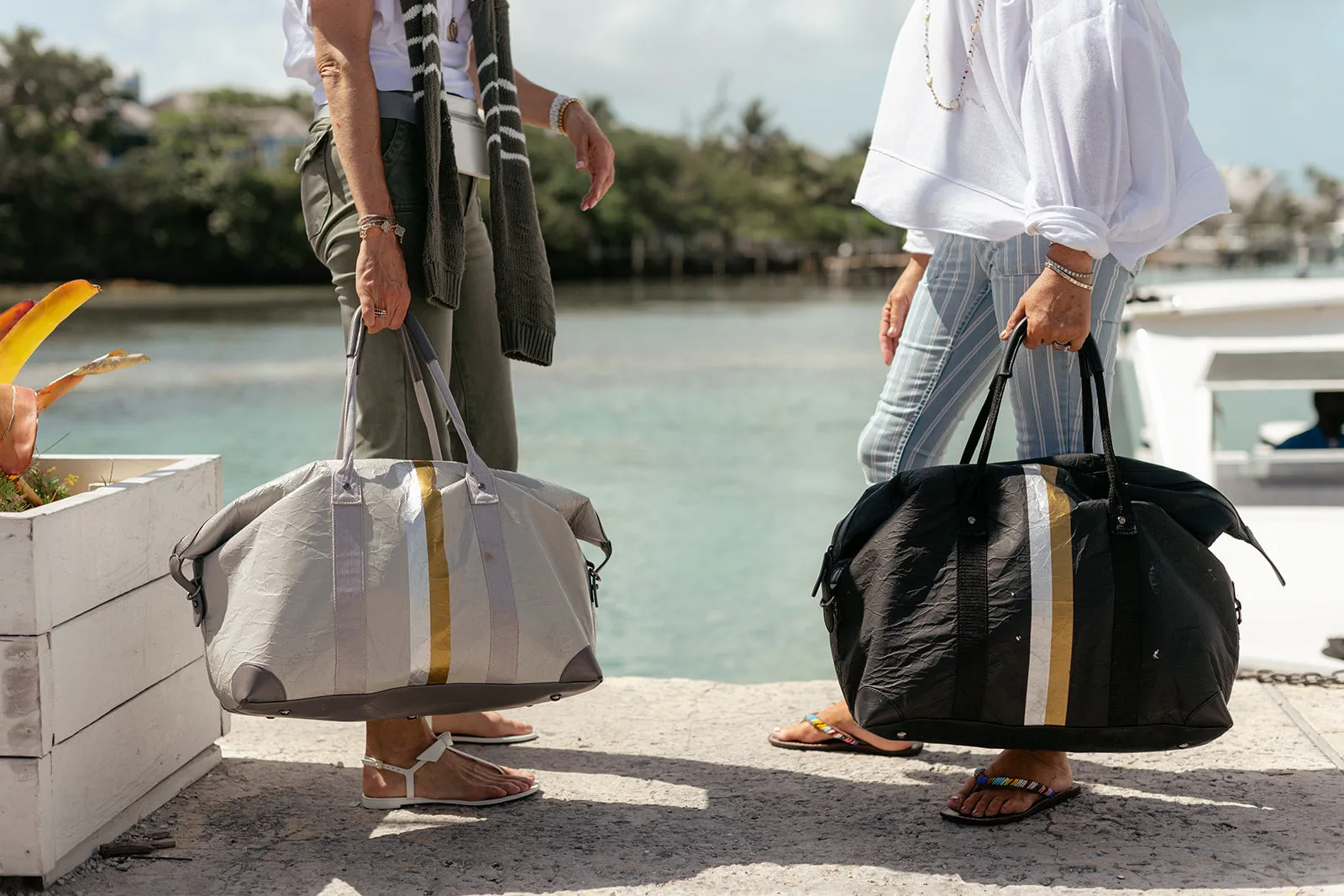 The Weekender Bag in Earth Gray with Silver and Gold Stripes